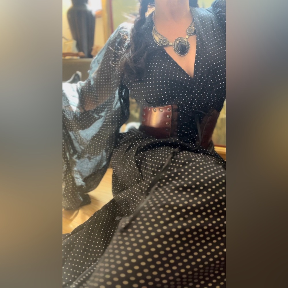 Incredible 1970’s Vintage Black Polka Dot Cotton Angel Sleeve Maxi Dress